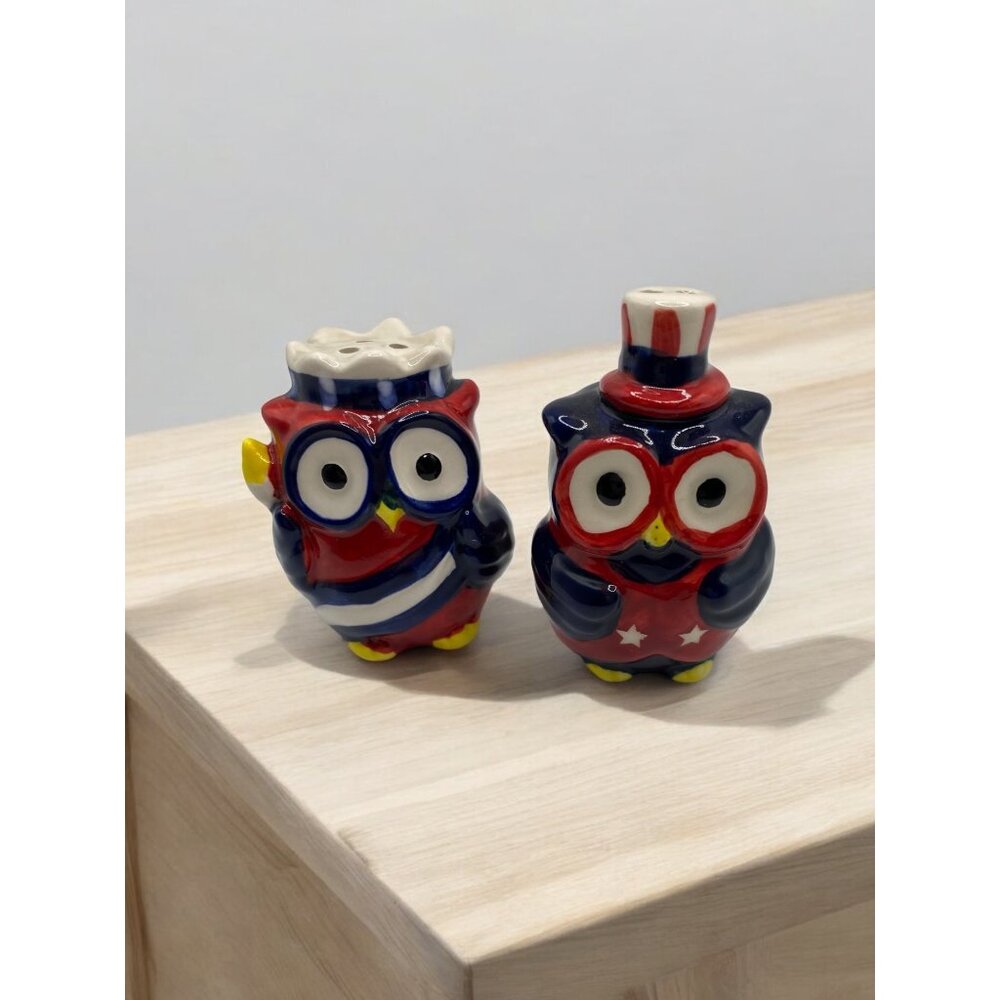 Patriotic Owl Salt & Pepper Shakers Top Hat 4th Of July Dining Big Eyes Picnic